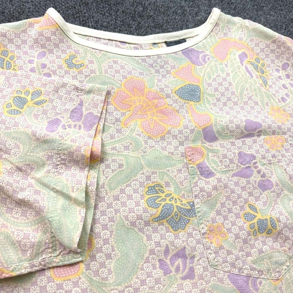 Lizwear Floral Top Large Multicolor Pastel Short Sleeve Vtg Grandmacore Boho Art